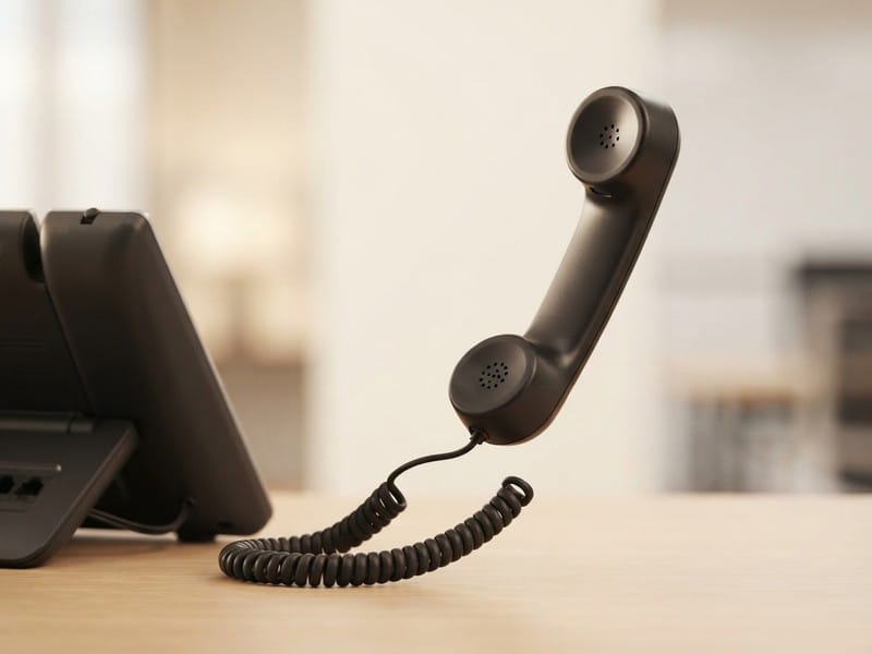 A black office telephone handset floating upright in the air attached by its coiled cord to a desk phone base on a light wooden table.