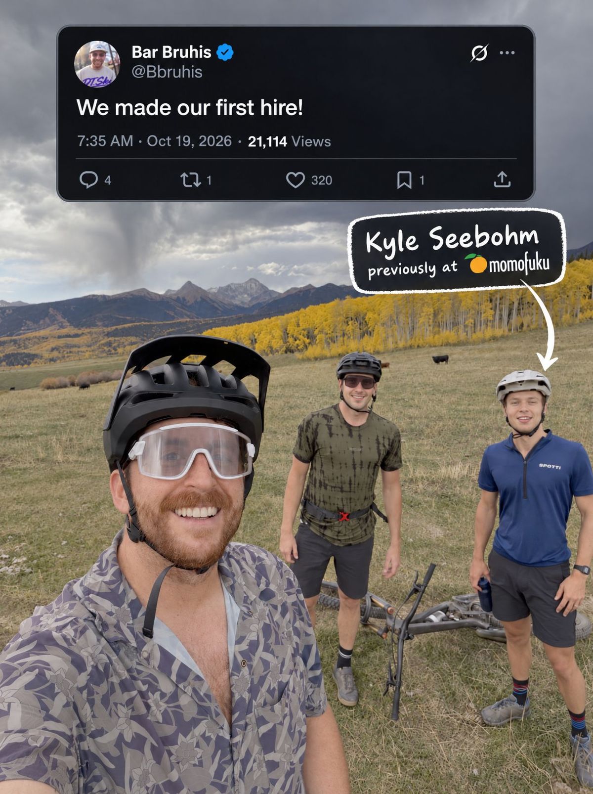 Bar Bruhis's post saying We made our first hire, above a selfie of three mountain bikers in a meadow, with Kyle Seebohm labelled as previously at Momofuku
